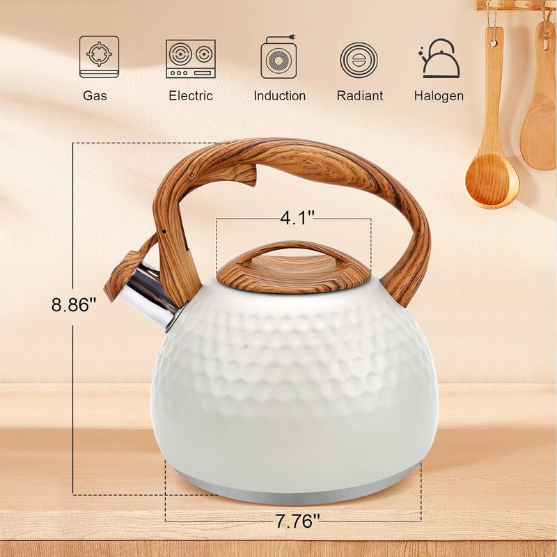 KIAADSY Tea Kettle, 3L Stainless Steel Whistling Tea Kettle for Stove Top, Food Grade Teapot with Wood Pattern Handle for Coffee, Tea, Milk etc, Gas Electric Applicable, Milk White