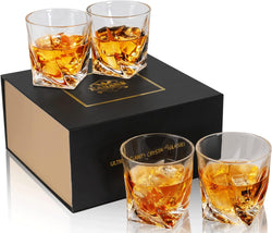 KANARS Whiskey Glasses Set of 4, 10 Oz Crystal Old Fashioned Cocktail Glass in Gift Box, Twisted Lowball Bourbon Tumbler for Scotch Whisky Cognac, Rock Barware for Men Gift
