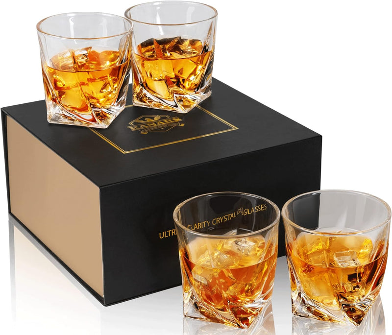 KANARS Whiskey Glasses Set of 4, 10 Oz Crystal Old Fashioned Cocktail Glass in Gift Box, Twisted Lowball Bourbon Tumbler for Scotch Whisky Cognac, Rock Barware for Men Gift