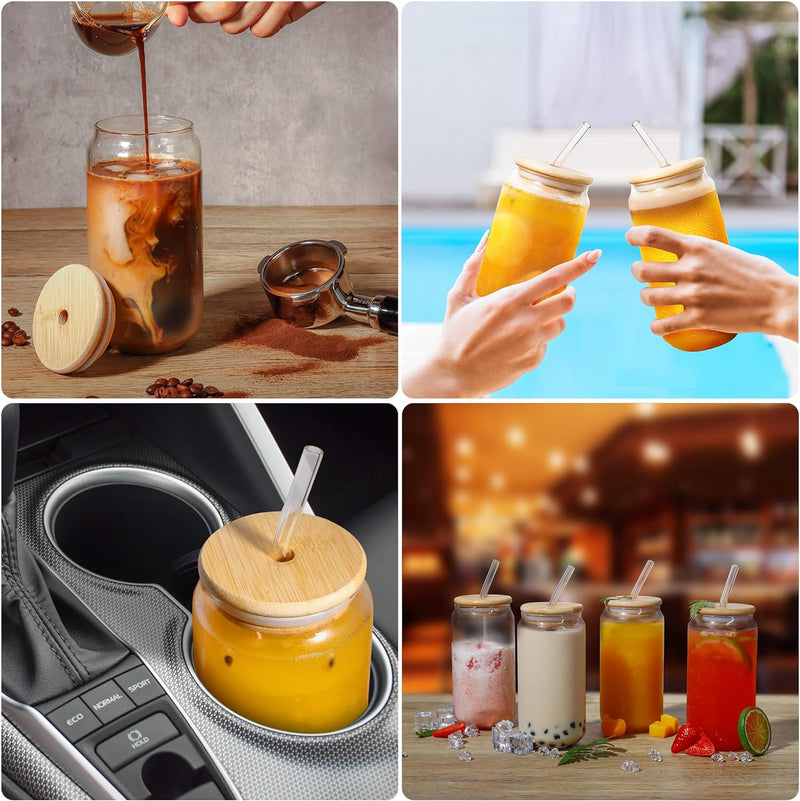 wirsh Drinking Glasses, 4pcs 18oz Can Shaped Glass Cups with Bamboo Lids and Glass Straw,Cute Tumbler Cups for Iced Coffee, Beer, Tea, Coffee Bar Accessories, Giftable