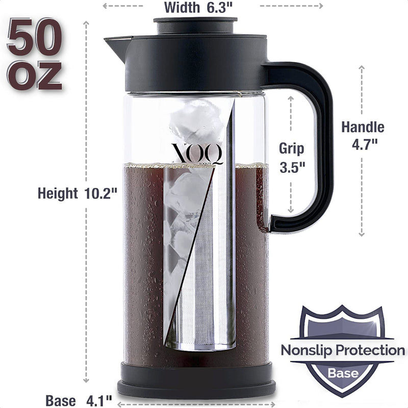 XOQ Cold Brew Coffee Maker + Chiller Kit + 50oz/1.5L Glass Cold Brew Maker - Iced Coffee Maker & Ice Tea Maker - Large Iced Coffee Pitcher for Fridge with Removable Stainless Steel Brewer Filter
