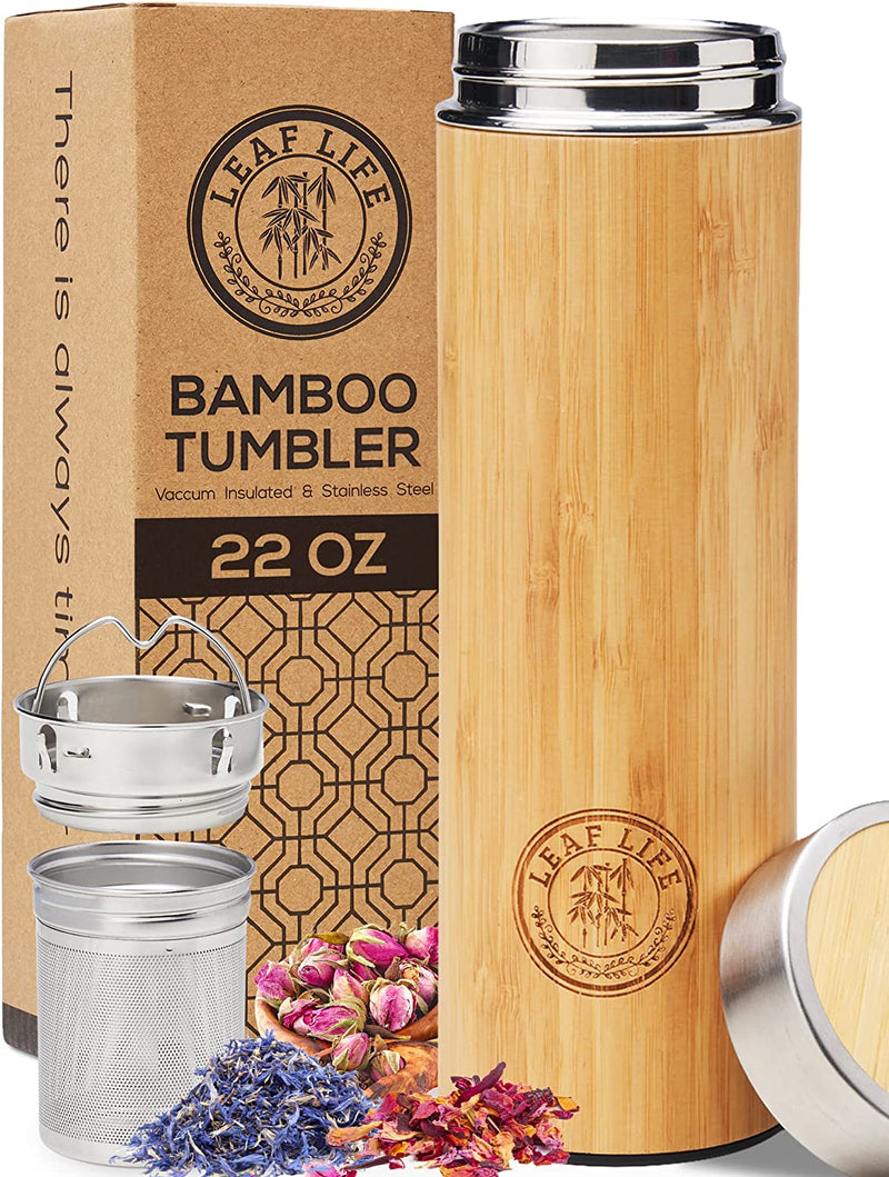 LeafLife Premium Bamboo Thermos with Tea Infusers for Loose Tea 17oz - Hot & Cold for 12 Hrs - Unique Gifts for Women Who Have Everything, Tea Gift Sets for Women, Cool Gifts for Women Birthday Unique