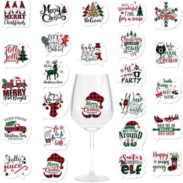 AnyDesign 120Pcs Christmas Wine Glass Drink Markers 24 Styles Xmas Static Cling Stickers Removable Buffalo Plaids Wine Bottle Tags Wine Charms Alternative for Champagne Cocktail Wine Party Supplies