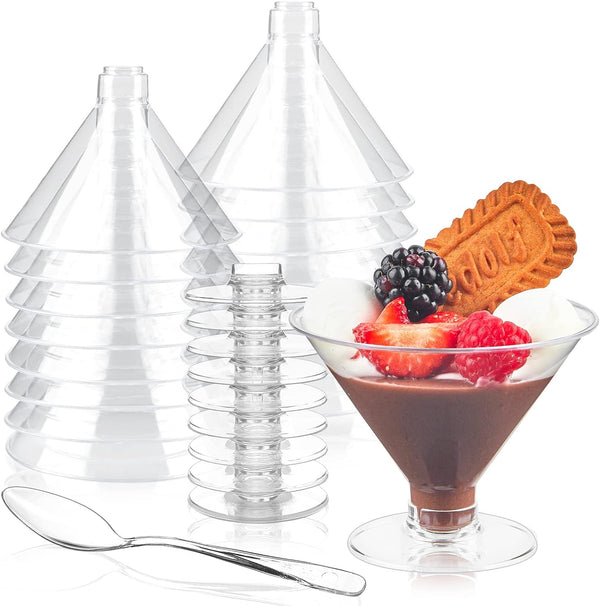 TOFLEN 40 Pack Plastic Martini Glasses 5 Oz Mini Dessert Cups with Spoons Reuasble Cocktail Shooters Clear Short Stem Shot Glasses for Party Wine, Desserts and Appetizers