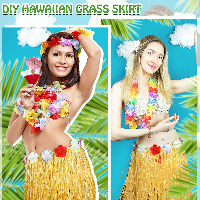 Luau Grass Table Skirt 9 Ft x 30 Inch Grass Skirt Yellow Hawaiian Table Skirt Faux Hibiscus Flowers Hula Skirts Tropical Hawaiian Party Decorations for Luau Party, Events Birthday Party(8 Packs)
