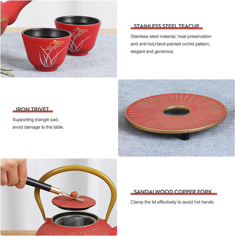 Tovacu Japanese Style Cast Iron Teapot Set With 4 Tea Cups Tea Infuser Trivet Tetsubin Tea Kettle Classic Red Gold Tea Set for Women Adult Mother Father Gift (800 Milliliter/28 Ounce)