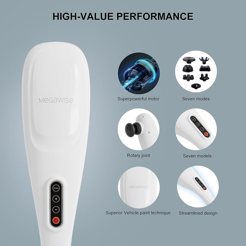 MEGAWISE CORDLESS Handheld Back Massager w/ Rechargeable 3200mAh Battery, 5 Speed and 5 +2 Massage Nodes with hard, medium and 2 soft silicone Nodes; Massage while moving around (Perarl White)