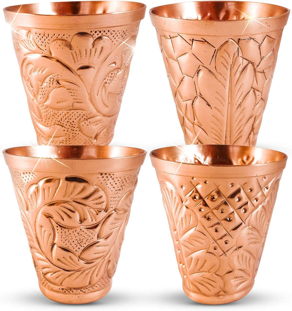 Kamojo Pure Copper Shot Glasses (Set of 4) - Moscow Mule Drinking Shot Glass for Home, Kitchen, Bar - Barware Drinking Glass for Tequila Vodka Cocktail Shooters - Custom Embossed Metal Drinkware Gift
