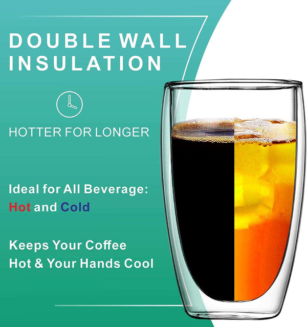 COLOCUP Double-Wall Insulated Glasses, Clear, 15 Ounces Each, Insulated Glass Coffee Set of 2