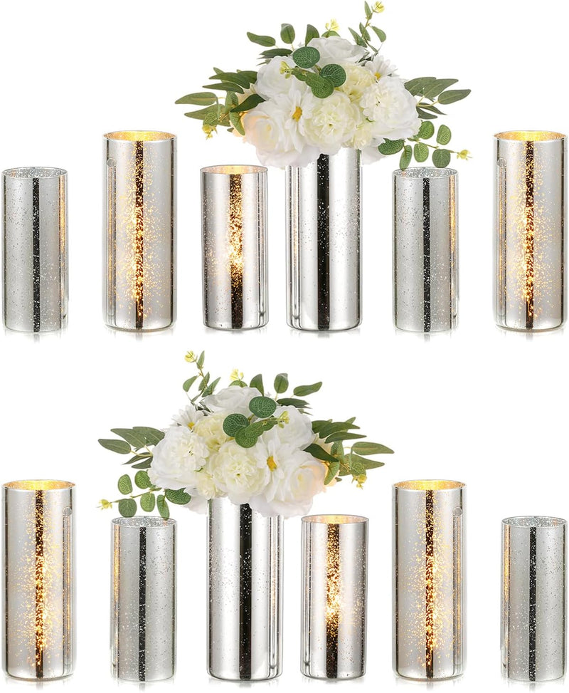 Hewory Glass Hurricane Candle Holder: 6 Pcs Gold Candle Holders for Table Centerpieces, Mercury Glass Candle Holder for Pillar Candles, Glass Cylinder Vases for Christmas Wedding Party Holiday Decor