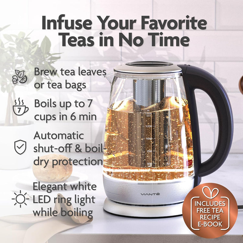 Vianté Electric Glass Tea Kettle with Removable Infuser. Hot tea infuser Pot for Loose Leaf & Bagged Tea. BPA-FREE. Stainless Steel & Borosilicate Glass. LED Illuminated. 1.7 Liters capacity.