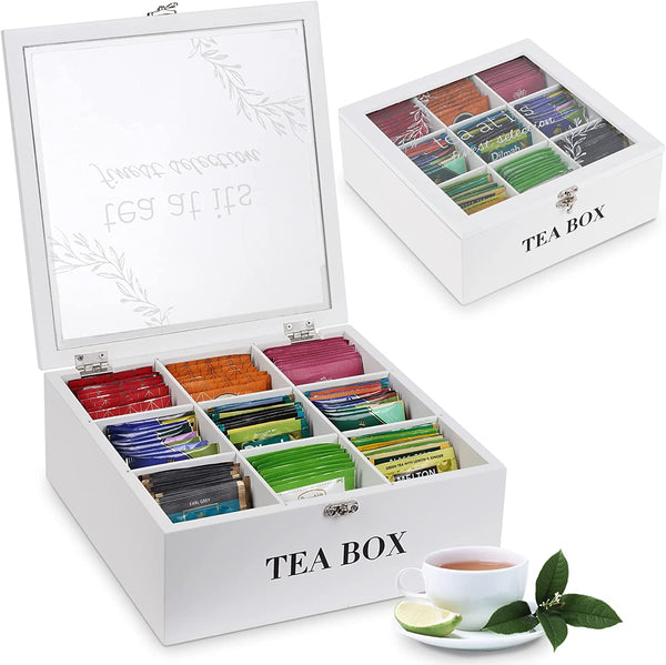 handrong Tea Box Tea Bag Organizer Wooden Tea Bag Holder Modern Tea Caddy Chest with 9 Compartments and Glass Cover for Home Use Christmas Gift