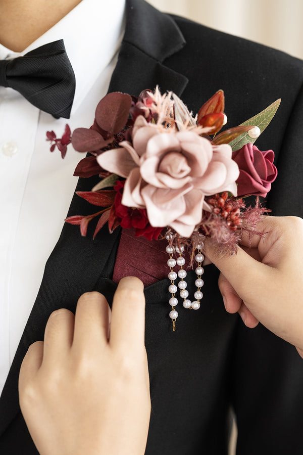 Burgundy  Dusty Rose Pocket Square Boutonniere for Groom