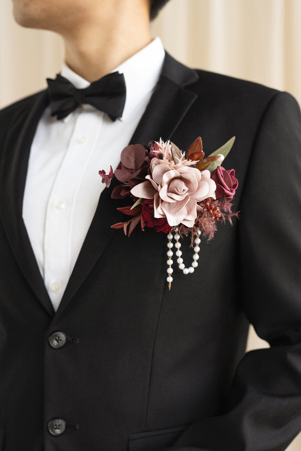 Burgundy  Dusty Rose Pocket Square Boutonniere for Groom