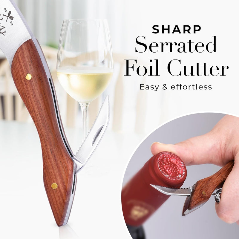 Zulay Wine Opener - Professional Corkscrew Wine Opener with Foil Cutter & Cap Remover - Double Hinged Wine Bottle Opener - Manual Wine Key for Servers, Waiters, Bartenders & Home Use - Rosewood