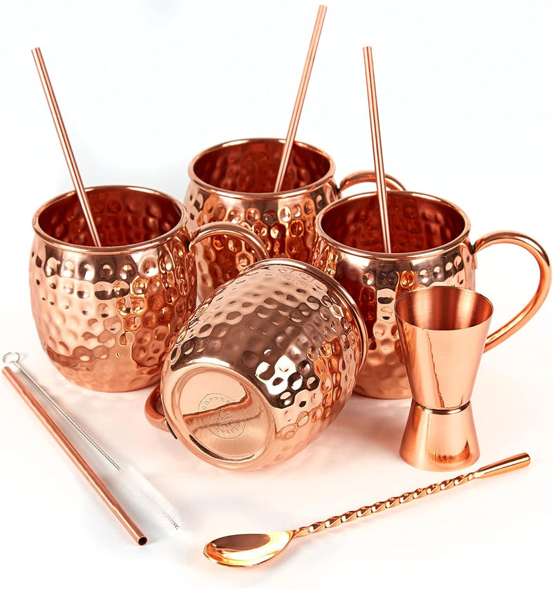 ALARUE Moscow Mule Copper Mugs Set - 4 Authentic Handcrafted Mugs (16 oz.) with 4 Copper Straws, Stirrer and Jigger - Food Safe Pure Solid Copper - Gift set with Recipe Book