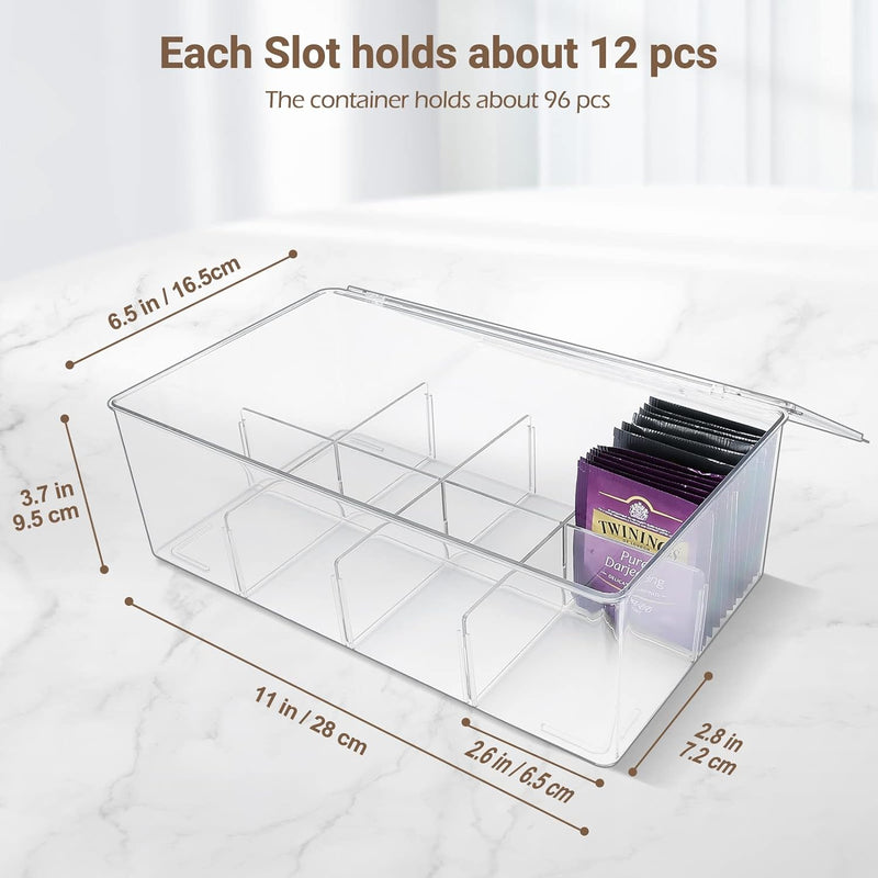 Puricon 2 Pack Tea Bag Organizer Clear Acrylic Tea Storage Box with Lid, Plastic Tea Bag Holder Stackable Tea Organizer for Tea Bags Container Dispenser for Cabinet Pantry Counter Countertop -Clear