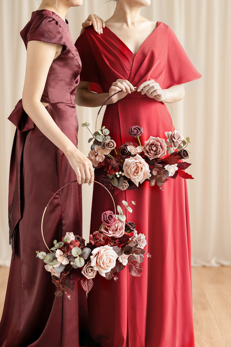 Burgundy  Dusty Rose Bridesmaid Bouquets with Hoop - Floral Wedding Accessories