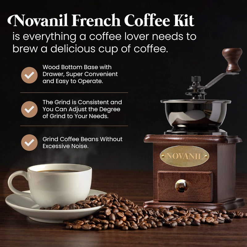 NOVANIL FRENCH COFFEE KIT, FRENCH PRESS & COFFEE GRINDER, COFFEE GIFT BOX, COFFEE SET, ANTIQUE STYLE COFFEE KIT, WOODEN MANUAL COFFEE GRINDER, HEAT-RESISTANT GLASS