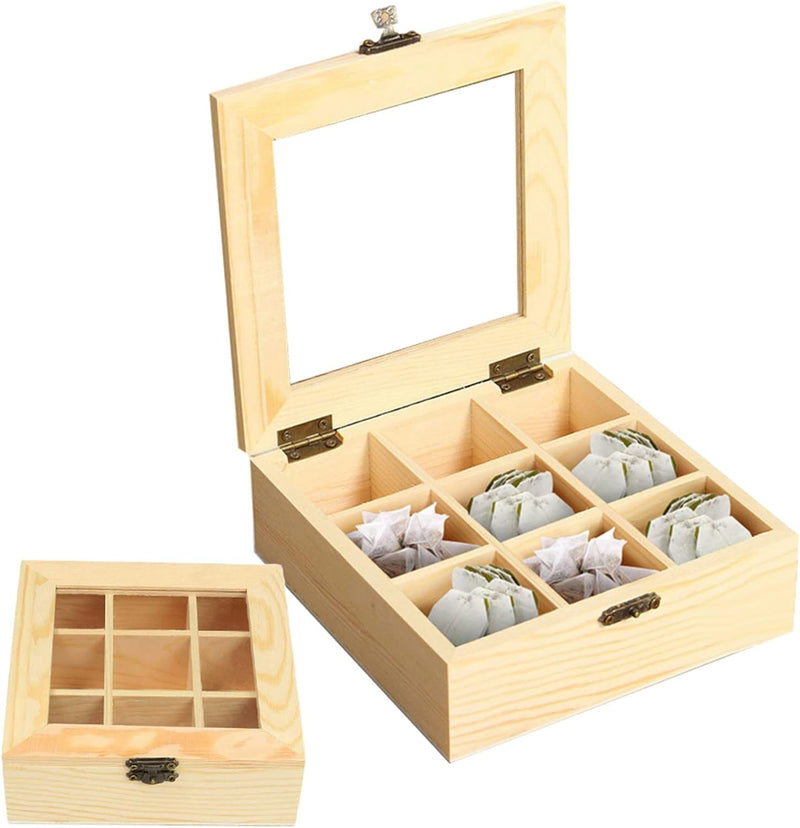 9 Compartments Rustic Tea Storage Box,Wooden Tea Organizer,Tea Bag Organizer Wooden Storage Box, Creamers, Sugar, Coffee Pods, Instant Coffee Packets