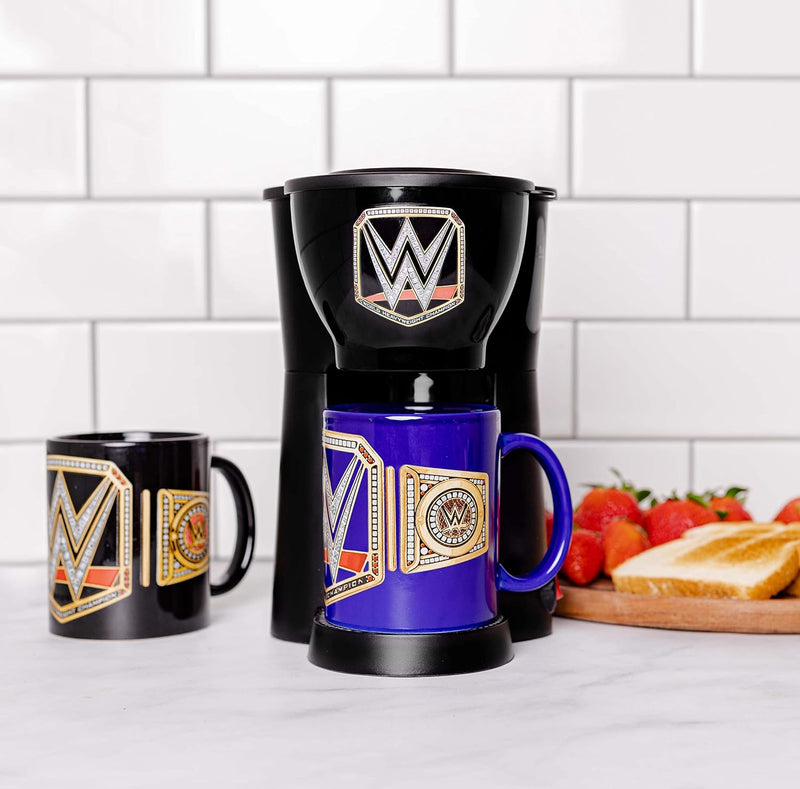 Uncanny Brands WWE Single Cup Coffee Maker Gift Set with 2 Mugs - Jolt Up Like A Champion