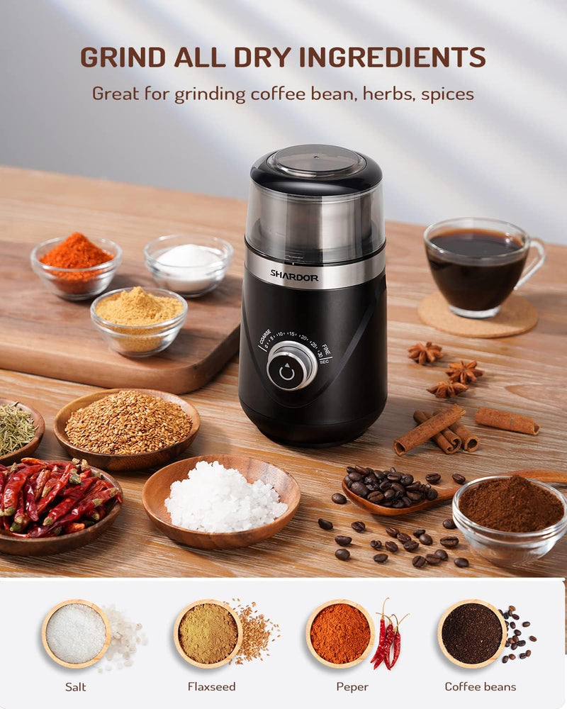 SHARDOR Adjustable Coffee Grinder Electric, Spice Grinder, Coffee Bean Grinder, Espresso Grinder with 1 Removable Stainless Steel Bowl, Black