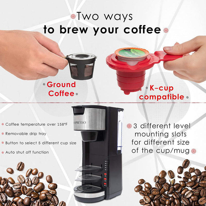 Mixpresso Single Serve Coffee Brewer K-Cup Pods Compatible & Ground Coffee, 30 oz Compact Coffee Maker Single Serve With 5 Brew Sizes Up To 14 Oz, Fits Travel Mug, Adjustable Drip Tray, Black