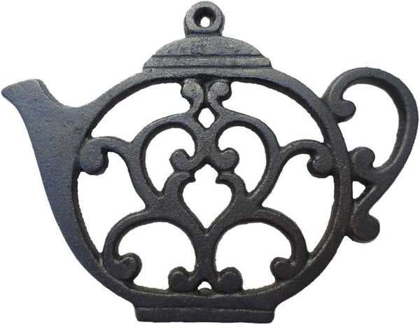 Teapot Cast Iron Trivet for Hot Pots & Kitchen & Dining Table, Gift for Home, Metal Wall Art & Home Decor, 2 or More for Set, Black, 8 by 6.1 Inches