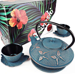 KIYOSHI Luxury 7PC Japanese Tea Set. "Blue Butterfly" Cast Iron Tea Pot with 2 Tea Cups, 2 Saucers, Loose Leaf Tea Infuser and Teapot Trivet. Ceremonial Matcha Accessories