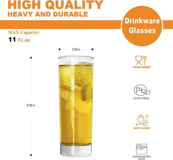 LUXU Premium Highball Drinking Glasses (Set of 6)-10 oz Tom Collins Glasses,Clear Tall Glass Cups,Cute Cocktail Glasses,Lead-free Water Glasses Bar Glassware for Mojito Beverages and Mixed Drinks