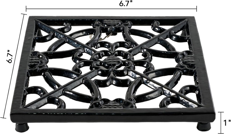 Square Cast Iron Trivet for Kitchen Countertop，Recycled Metal Heat Resistant Trivets with Rubber Pegs，Rustic Decorative Trivet for Hot Dishes Pot Pan Teapot for Kitchen Dining Table, Black