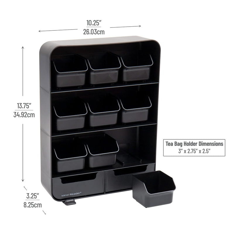 Mind Reader Anchor Collection, 11 Tea Bag Organizer Removable Drawers, 10.25" L x 3.25" W x 13.75" H, Black