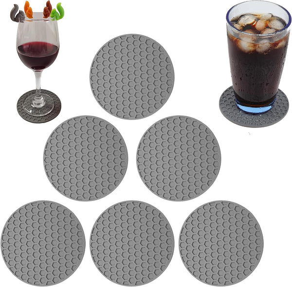 6 Pack Silicone Coasters for Drinks + 4 Pack Wine Glass Charms, Dokpod Drink Coasters for Coffee Table, Non-Slip Cup Coasters, Heat Resistant Bar Coasters, Table Coasters