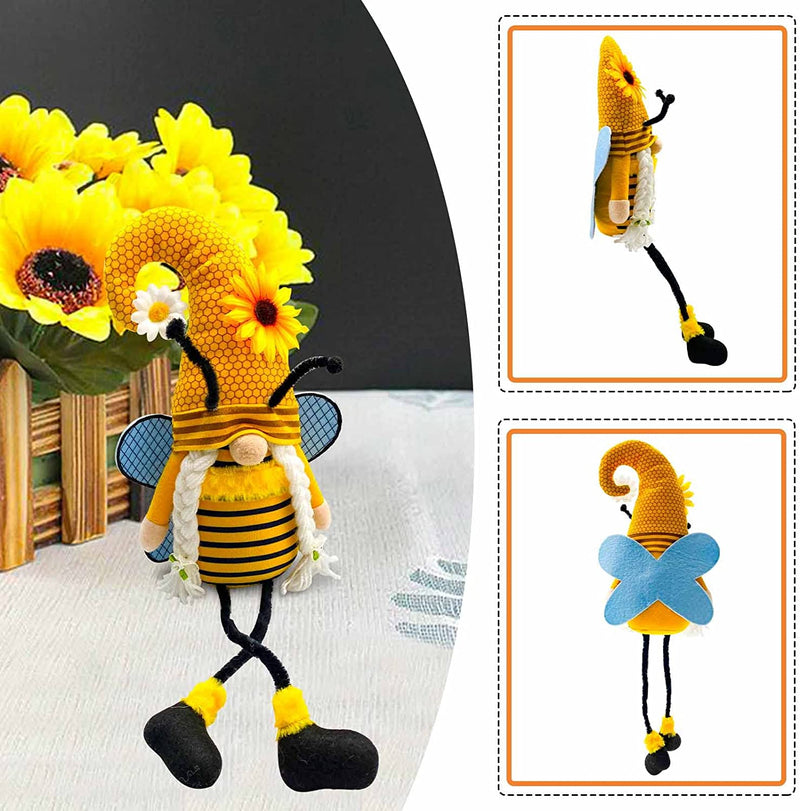 Lovinland Bumble Bee Gnomes with Dangling Leg, Spring Summer Sunflower Honey Bee Gnomes with Honey Dipper for Home Kitchen Shelf World Bee Day Decorations