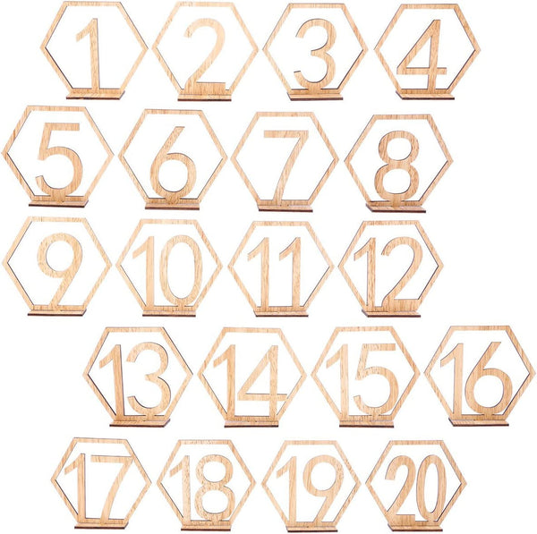 20Pcs 1-20 Wooden Wedding Table Numbers with Holder Base Hexagon Table Numbers for Wedding Table Decoration