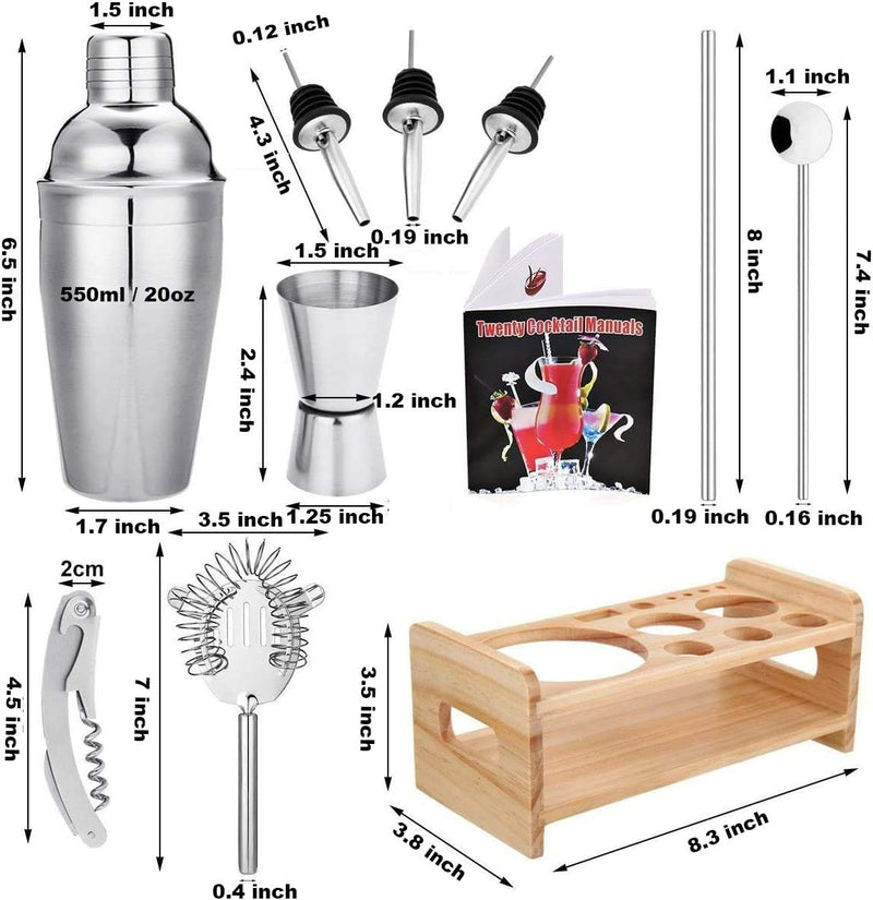 Cocktail Shaker Set with Stand, 15 Piece Bartender Kit Home Bar Accessories - Martini Shaker with Built-in Strainer, Muddler, Jigger, Drink Shaker 304 Stainless Steel, House Warming Gitfs New Home