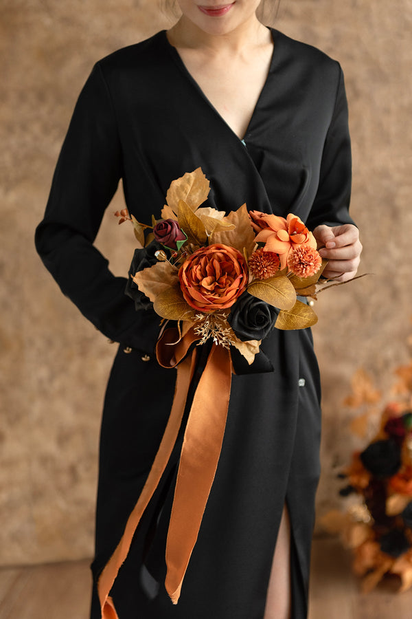 Bridesmaid Posy - Black  Pumpkin Orange