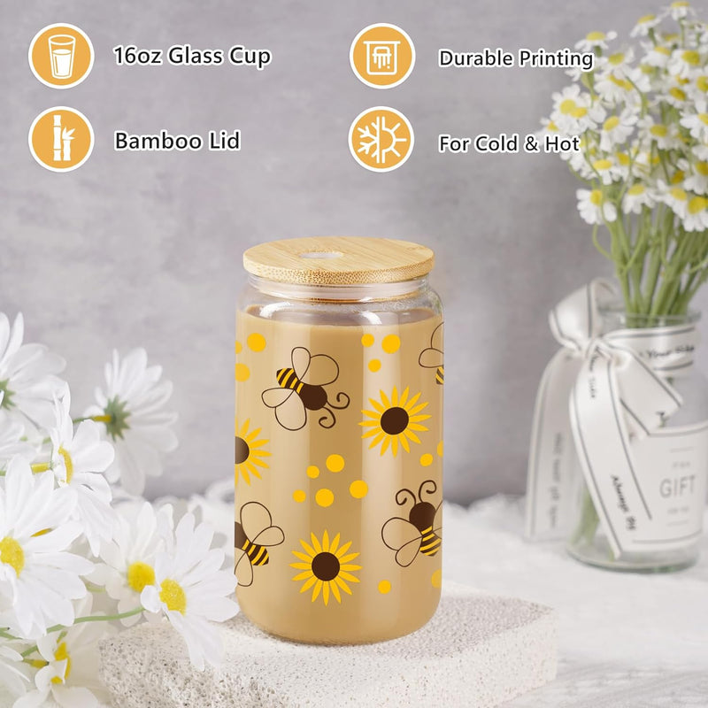 LEADO Bee Gifts, Bee Themed Gifts, Sunflower Gifts for Women - Iced Coffee Cup, Cute Glass Cup with Lid & Straw - Honey Bee Gifts, Aesthetic Gifts, Christmas, Birthday Gifts for Bee Lovers