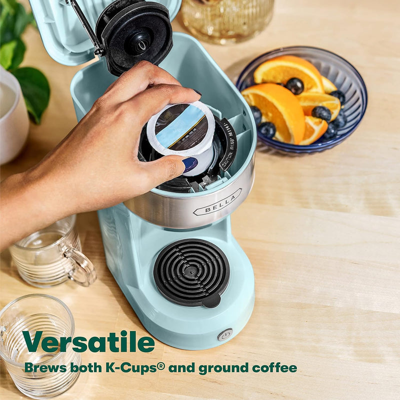 BELLA Dual Brew Single Serve Coffee Maker, K-cup Compatible with Ground Coffee Basket & Adapter - Carefree Auto Shut Off & Adjustable Tray, 14oz, Aqua