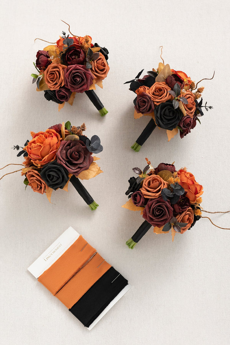 Bridesmaid Bouquets in Black  Pumpkin Orange - Round Shape