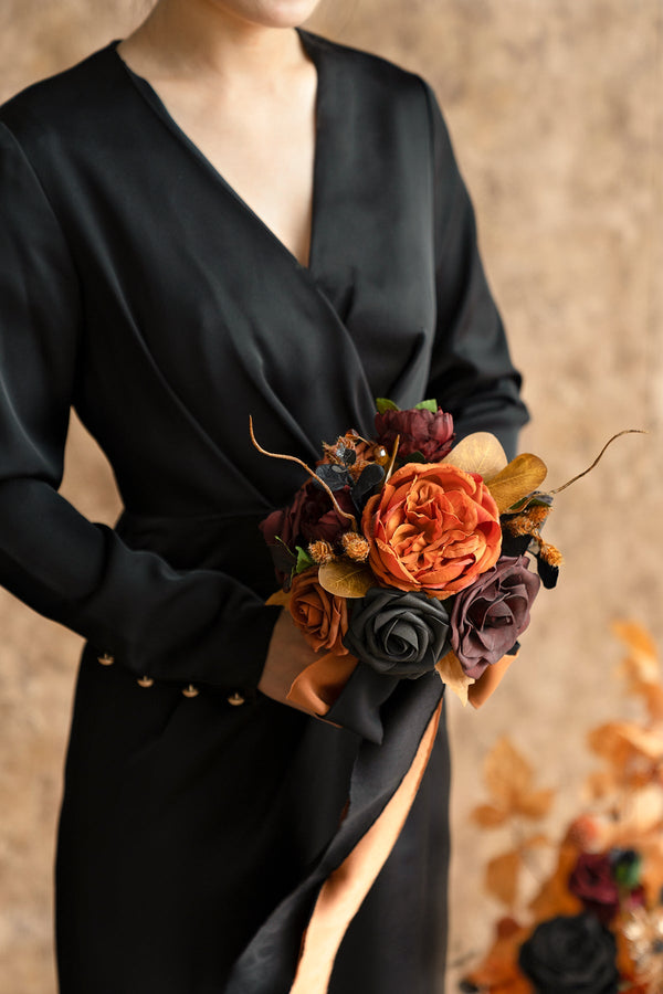 Bridesmaid Bouquets in Black  Pumpkin Orange - Round Shape
