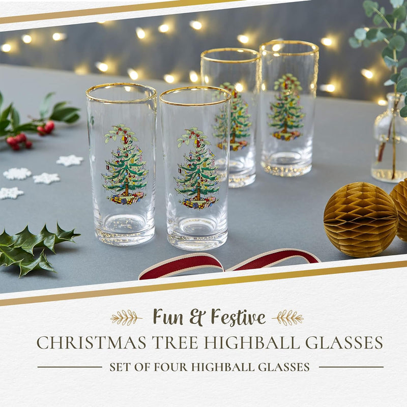 Spode Christmas Tree Glassware - Set of 4 -Made of Glass – Gold Rim- Classic Drinkware - Gift for Christmas, Holidays, or Wedding - Drinking Glasses (Highballs)