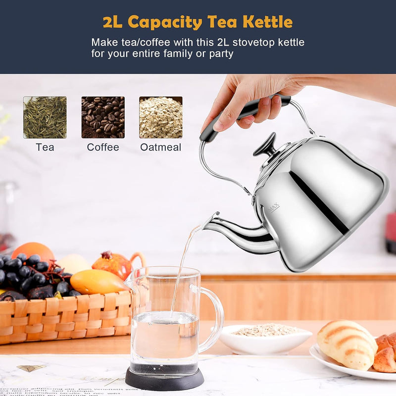 Tea Kettle Stovetop Whistling Teakettle Classic Teapot Stainless Steel Tea Pots for Stove Top with Thin Fast Heating Base, Mirror Finish, 2 liters