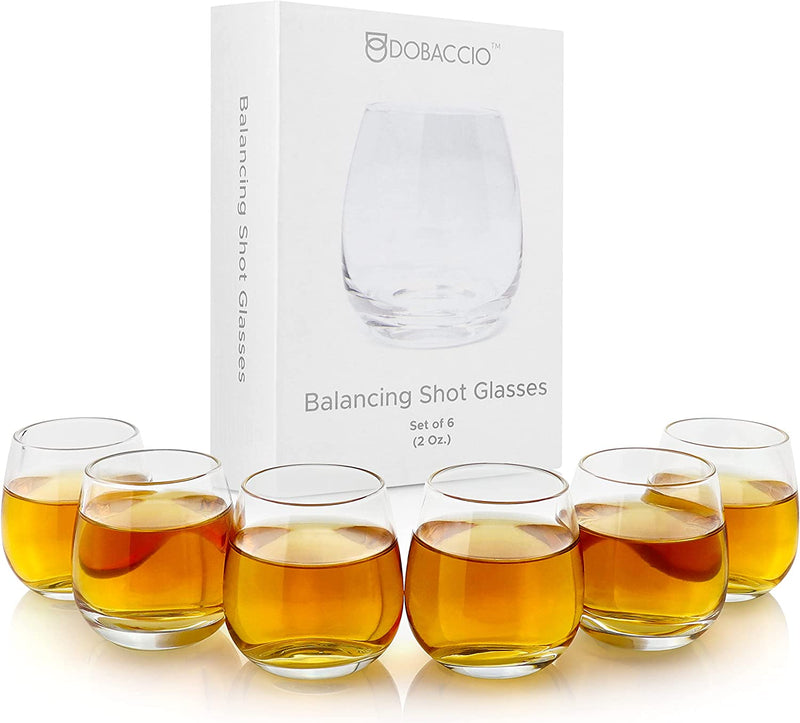 Dobaccio Cool Shot Glasses Set, Round Bottom Balancing Heavy Base Clear Glass, Tequila Vodka Scotch and Liquor Cordial Mini Cups, 2 oz, 6 pcs Gift set