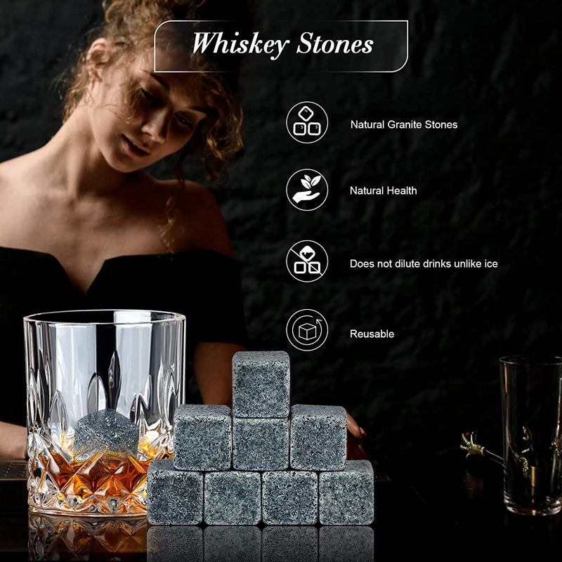 Whiskey Stones and Whiskey Glass Gift Set, DIOXADOP 8 Natural Whisky Stones 1 Crystal Whisky Glasses with Blessing Card in Exquisite Wooden Box, Prepare a Gift for a Whisky Scotch Bourbon Lover
