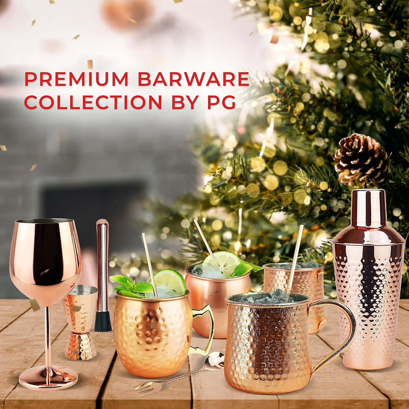 PG Moscow Mule Mugs | Large Size 19 ounces | Set of 4 Hammered Cups | Stainless Steel Lining | Pure Copper Plating | Gold Brass Handles | 3.7 inches Diameter x 4 inches Tall