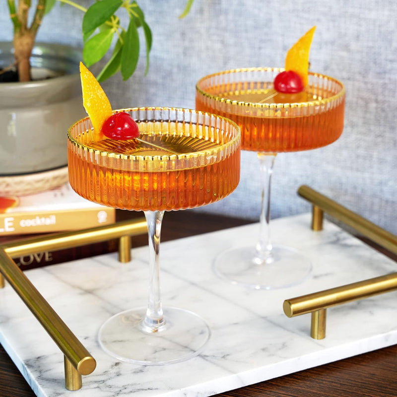 Viski Meridian Vintage Coupe Glasses, Art Deco Champagne Coupe Glassware, Gold Rimmed Stemmed Drinkware Set of 2, 11.5 oz
