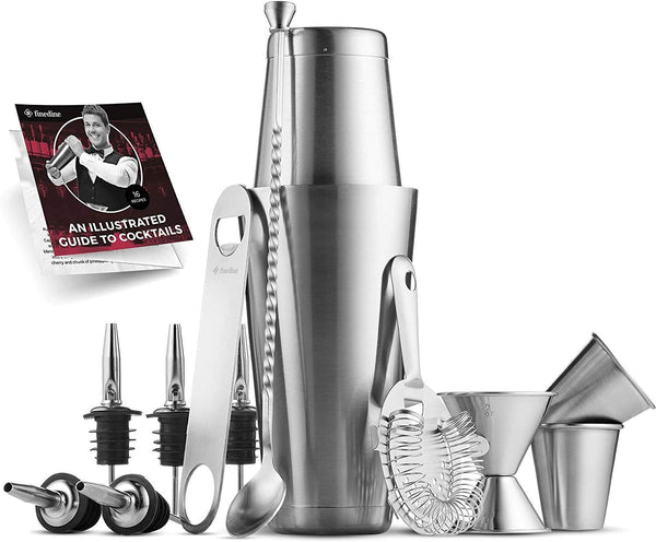 FineDine 14-Piece Cocktail Shaker Set Bartender Kit - Boston Shaker w/Strainer, Bar Jigger, Bar Spoon & More - Full Stainless Steel Cocktail Set w/Bar Tools - Drink Mixer Bar Set - Bar Accessories