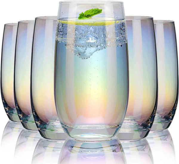 CUKBLESS Iridescent Drinking Glasses Set of 6 - Crystal Highball Water Glasses - Glass Cups for Water, Juice, Beverage, Mojito-15 Oz