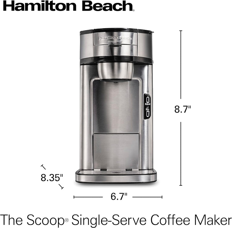 Hamilton Beach The Scoop Single Serve Coffee Maker & Fast Grounds Brewer, Brews in Minutes, 8-14oz. Cups, Stainless Steel